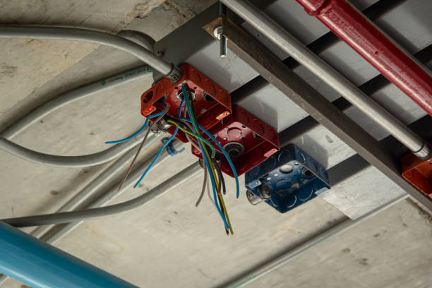 Electrician organising coloured wiring with pliers